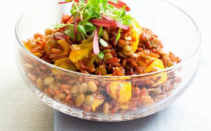 Salade de riz rouge au poulet et aux nectarines